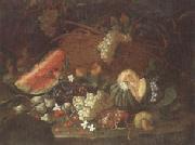 unknow artist Still life of a watermelon,red and white grapes,figs,cherries,mushrooms,a melon,and a basket with vine-leaves,upon a ledge Germany oil painting artist